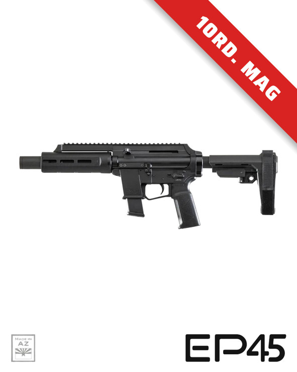 Extar EP45 6.5-inch .45 ACP firearm, tactical pistol with suppressor and adjustable stock.