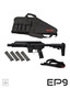 Extar EP9 6.5" 9mm Essentials Bundle, includes a black rifle with a scope mount, four magazines, a carrying case, and a strap. SB Tactical SBA3.