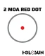 Holosun ARO 2 MOA Red Dot with Shake Awake, close-up of the red dot within a gray circle on a white background, with bold black text indicating '2 MOA Red Dot' and the Holosun logo.