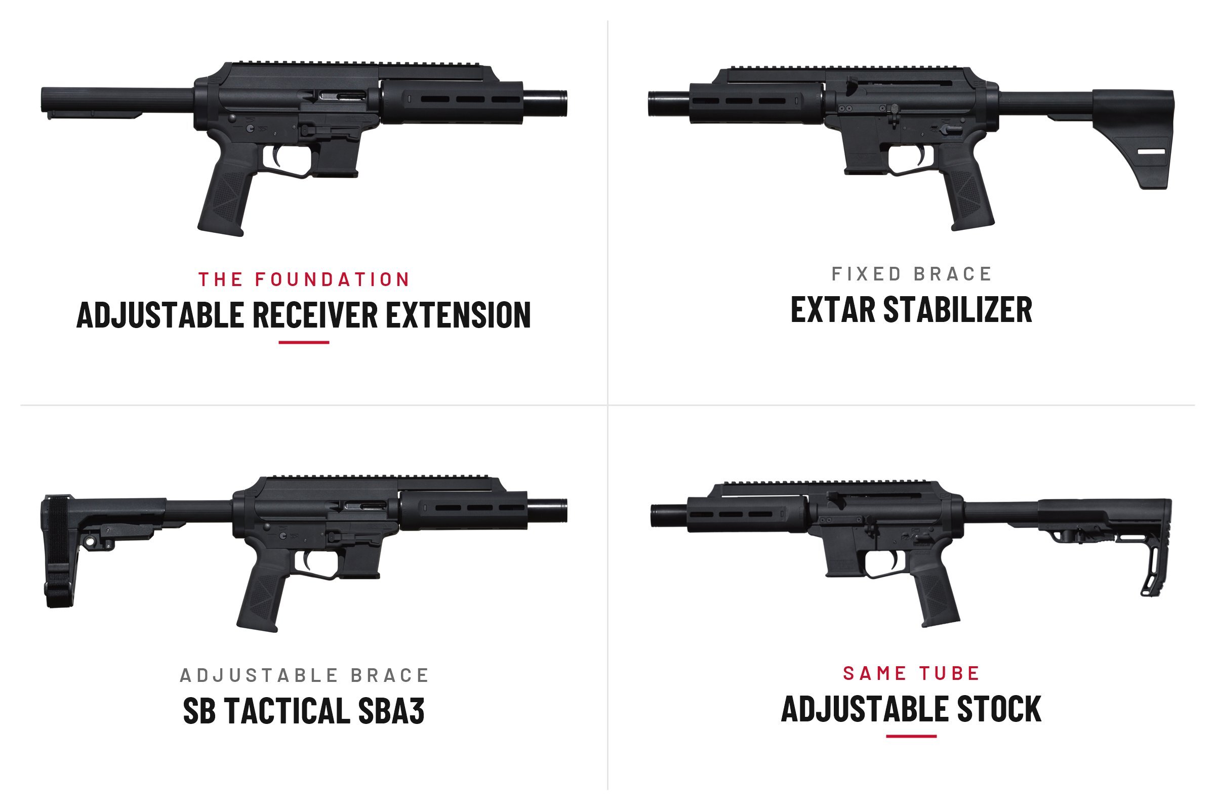 EP9-MDB on the same Adjustable Receiver Extension: bare, with the Extar Stabilizer, with the SB Tactical SBA3, and with an adjustable stock
