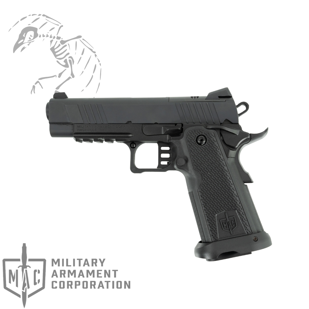 12500005 UPC # 723551445488, Military Arms Corporation, MAC 9 DS, Single Action Only, Semi-automatic, Metal Frame Pistol, 9MM, 4.25" Barrel, QPQ Finish, Black, Light Rail, Optic Cut, Manual Safety, Black Rear/ Front Fiber Optic, 17 Rounds, 2 Magazines