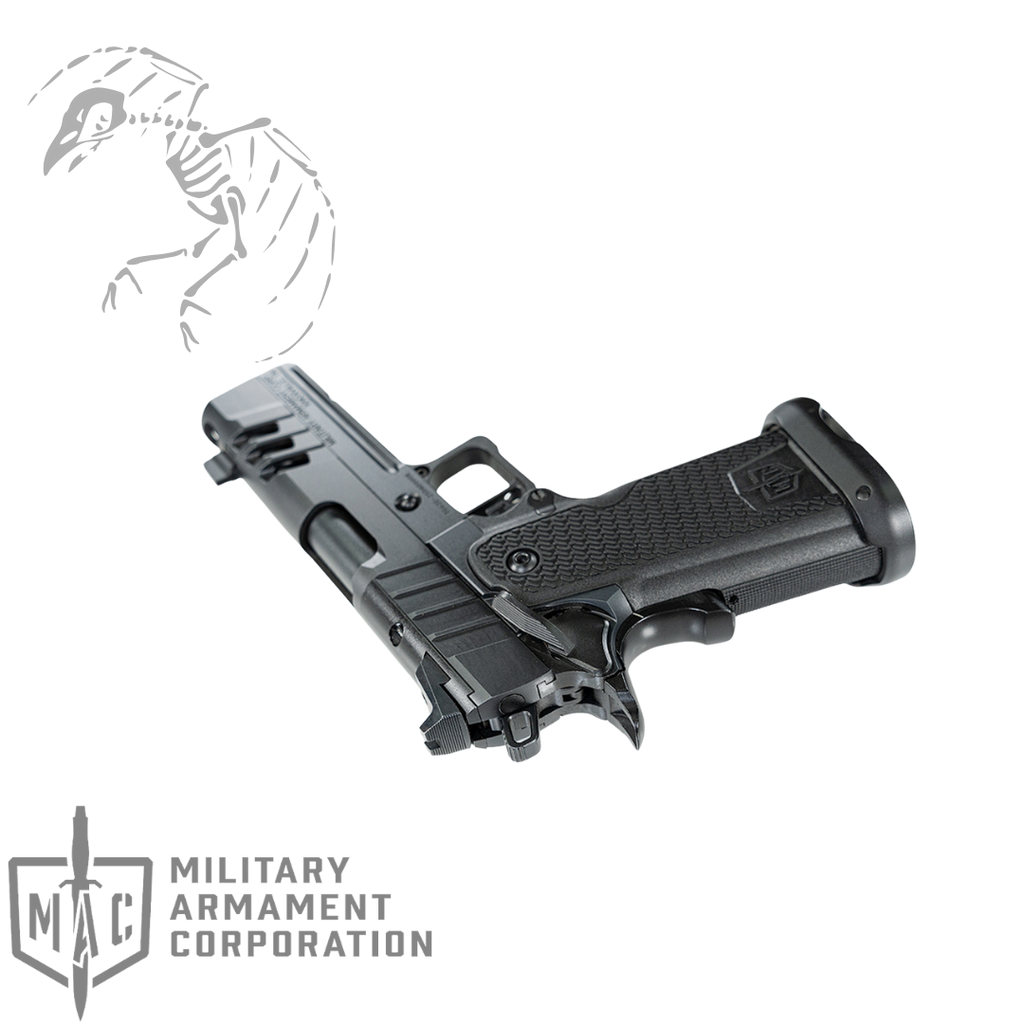 Military Arms Corporation, MAC 9 Double Stack, Single Action, Semi-automatic, Steel Frame Pistol, Carry Size, 9MM, 4.25" Compensated Barrel, QPD Finish, Black, 11 Degree Target Crown, AGENCY AOS Optics Cut, Blade Front and Adjustable Rear Sights, 17 Rounds, 2 Magazines, 12500015
UPC: 810162050320