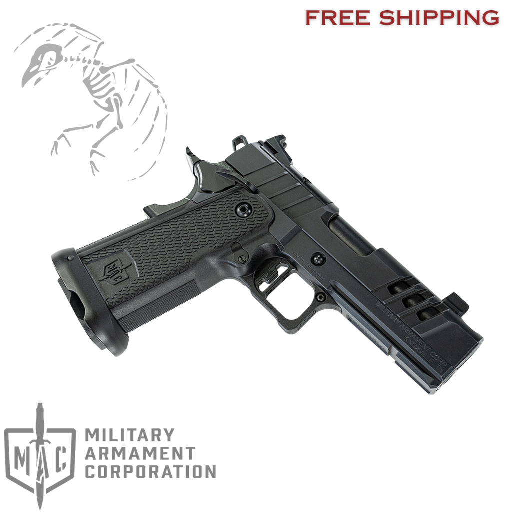 Military Arms Corporation, MAC 9 Double Stack, Single Action, Semi-automatic, Steel Frame Pistol, Carry Size, 9MM, 4.25" Compensated Barrel, QPD Finish, Black, 11 Degree Target Crown, AGENCY AOS Optics Cut, Blade Front and Adjustable Rear Sights, 17 Rounds, 2 Magazines, 12500015
UPC: 810162050320