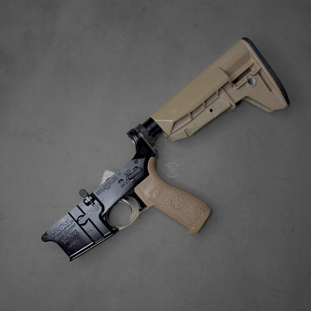 Bravo Company BCM complete AR-15 lower receiver in Flat Dark Earth with SOPMOD Mod 2 Widebody stock, forged 7075-T6 aluminum, multi-caliber marked, Bravo Company, Complete Lower Receiver, AR-15, Multi Caliber, Anodized Finish, Flat Dark Earth, BCM SOPMOD 2 Widebody Stock, 7075 T6 Aluminum, Factory Cosmetic, blew, blemished, deal, dead crow defense, BCMLRG-STK-MOD-2-SPMD-FDE-COSMO
UPC: 812526024282