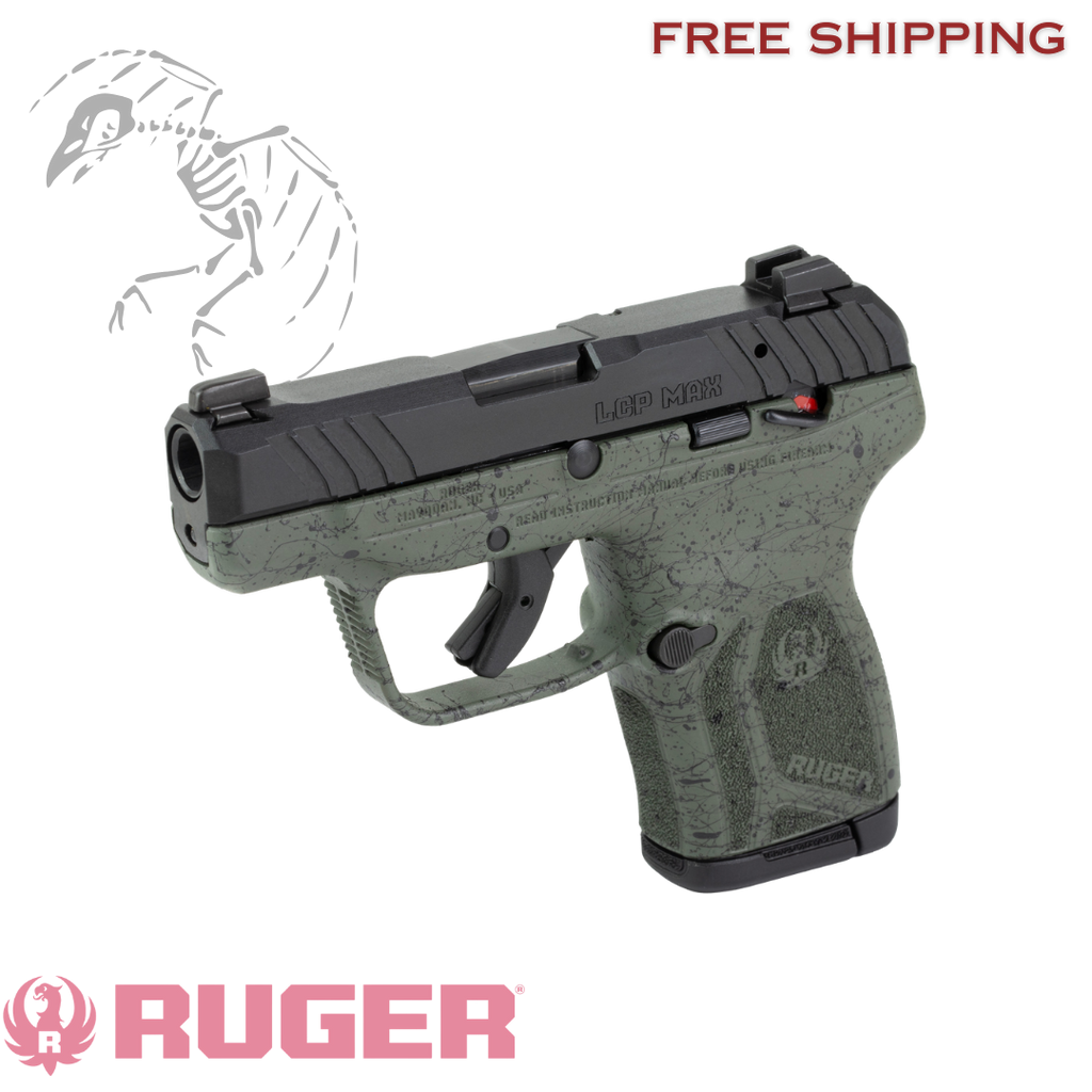 Ruger LCP MAX .380 ACP pistol with 2.8-inch barrel, green polymer frame with black speckle, tritium front sight, manual thumb safety, and 10-round magazine, Ruger, LCP MAX, Double Action Only, Semi-automatic, Polymer Frame Pistol, Compact, 380ACP, 2.8" Barrel, Black Nitride Finished Slide, Green Frame with Black Speckle, Tritium Front Sight with White Outline and Drift Adjustable Rear Sight, Manual Thumb Safety, 10 Rounds, 1 Magazine, Manufacturer Part #: 13762
UPC: 736676137626