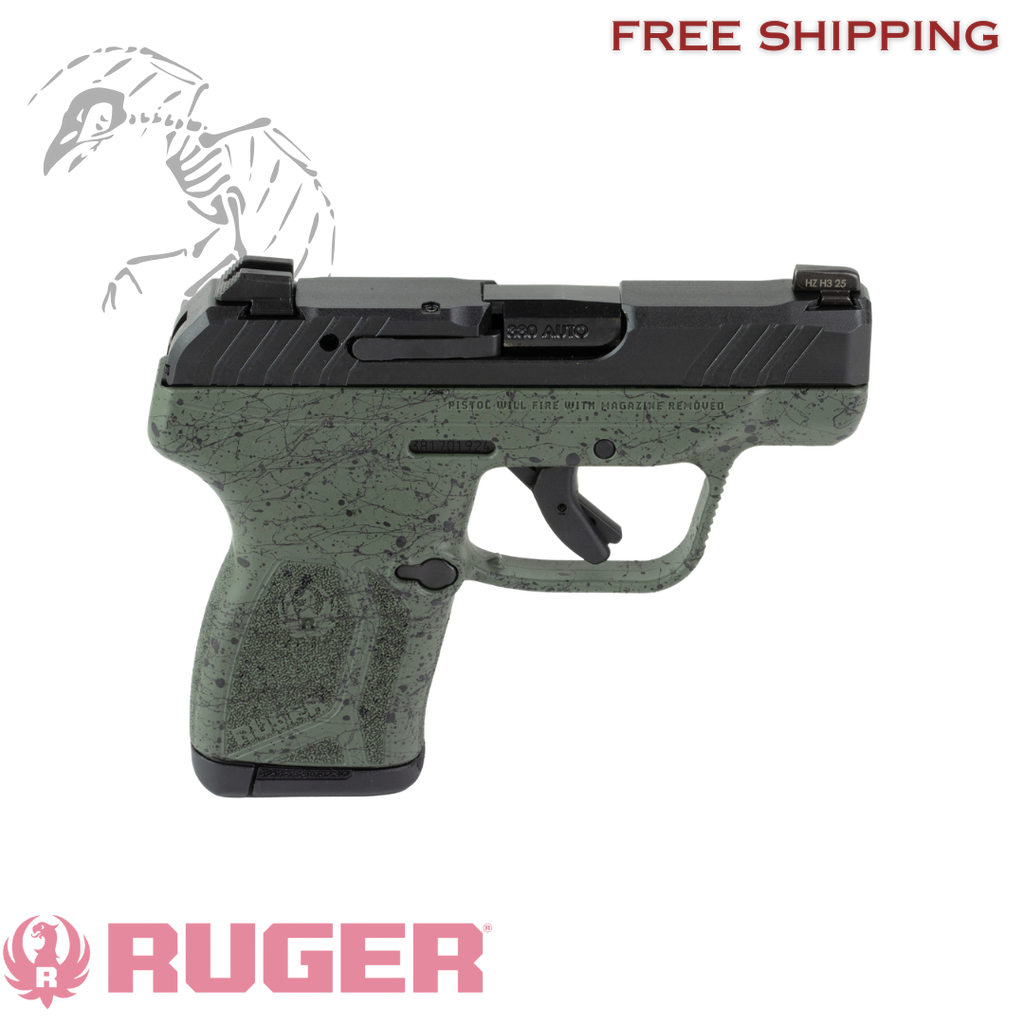 Ruger LCP MAX .380 ACP pistol with 2.8-inch barrel, green polymer frame with black speckle, tritium front sight, manual thumb safety, and 10-round magazine, Ruger, LCP MAX, Double Action Only, Semi-automatic, Polymer Frame Pistol, Compact, 380ACP, 2.8" Barrel, Black Nitride Finished Slide, Green Frame with Black Speckle, Tritium Front Sight with White Outline and Drift Adjustable Rear Sight, Manual Thumb Safety, 10 Rounds, 1 Magazine, Manufacturer Part #: 13762
UPC: 736676137626