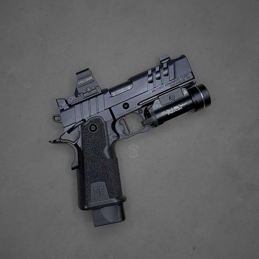 Used mac9 Mac 9 ds comp 4.25 in stock deal sale special package extra magazines, southwest precision, upgrade, holosun, 507c, 507 comp, tlr, streetlight, tlr-1hl, holster, 12500015
UPC: 810162050320, Military Arms Corporation, MAC 9 Double Stack, Single Action Only, Semi-automatic, Steel Frame Pistol, Carry Size, 9MM, 4.25" Compensated Barrel, QPD Finish, Black, 11 Degree Target Crown, AGENCY AOS Optics Cut, Blade Front and Adjustable Rear Sights, 17 Rounds, 2 Magazines