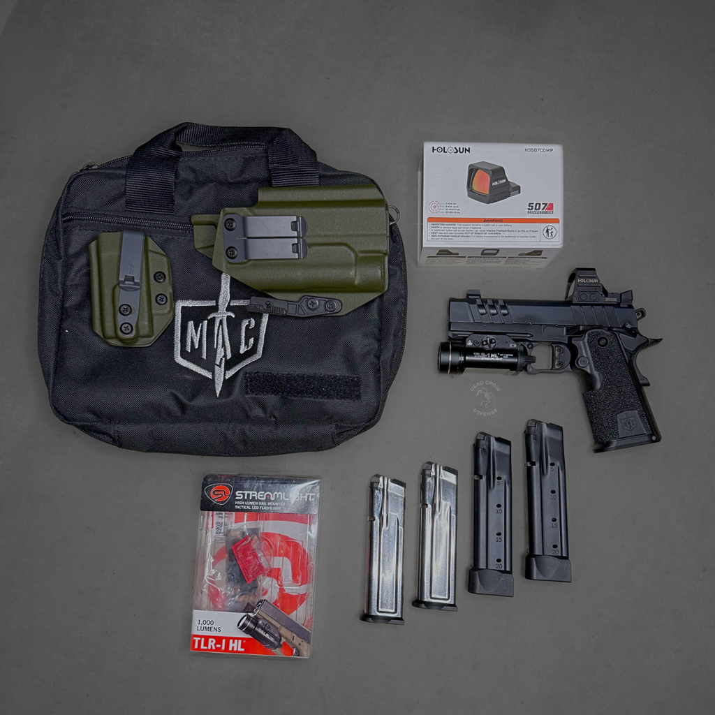 Used mac9 Mac 9 ds comp 4.25 in stock deal sale special package extra magazines, southwest precision, upgrade, holosun, 507c, 507 comp, tlr, streetlight, tlr-1hl, holster, 12500015
UPC: 810162050320, Military Arms Corporation, MAC 9 Double Stack, Single Action Only, Semi-automatic, Steel Frame Pistol, Carry Size, 9MM, 4.25" Compensated Barrel, QPD Finish, Black, 11 Degree Target Crown, AGENCY AOS Optics Cut, Blade Front and Adjustable Rear Sights, 17 Rounds, 2 Magazines