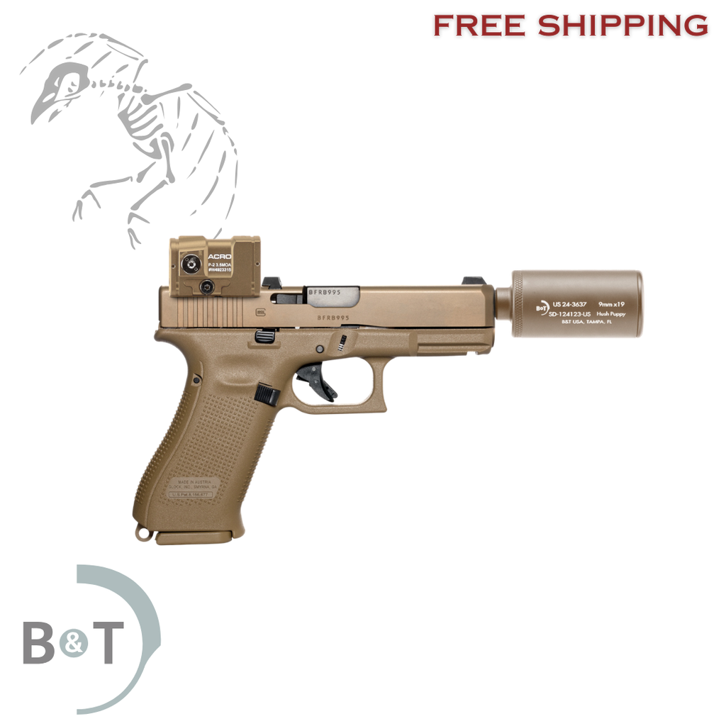 B&T Firearms HUSHPUPPYKITCTCSTM Hush Puppy Kit 9mm Luger 15+1 4" Stainless Threaded Barrel, Coyote Tan Receiver & Textured Grip, Includes Aimpoint Acro P-2 Red Dot, Suppressor & 2 Mags, in stock free shipping, HUSHPUPPYKITCTCSTM UPC # 840225719079