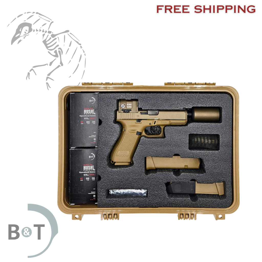 B&T Firearms HUSHPUPPYKITCTCSTM Hush Puppy Kit 9mm Luger 15+1 4" Stainless Threaded Barrel, Coyote Tan Receiver & Textured Grip, Includes Aimpoint Acro P-2 Red Dot, Suppressor & 2 Mags, in stock free shipping, HUSHPUPPYKITCTCSTM UPC # 840225719079