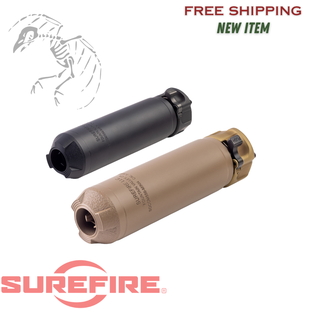 Surefire, SOCOM RC4 Mini Rifle Suppressor, 223 Remington/5.56 NATO, 3D-Printed Inconel Construction, 14.5oz, 1.5" Diameter, 5.5" Length, Low Back Pressure, End Mount Fast-Attach, Cerakote Finish, Flat Dark Earth, SOCOM556-MINI4-DE
UPC: 084871334334, SOCOM556-MINI4-BK
UPC: 084871334327