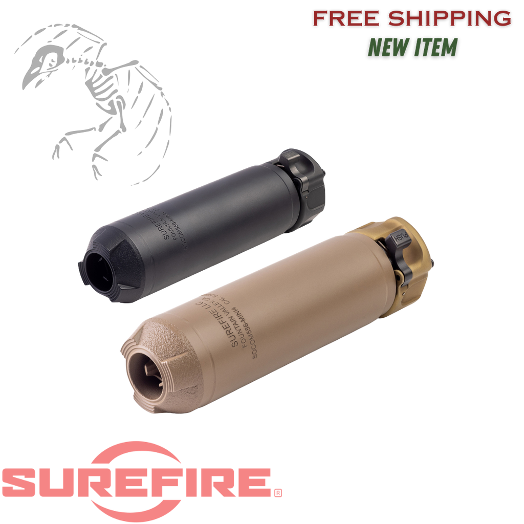 Surefire, SOCOM RC4 Mini Rifle Suppressor, 223 Remington/5.56 NATO, 3D-Printed Inconel Construction, 14.5oz, 1.5" Diameter, 5.5" Length, Low Back Pressure, End Mount Fast-Attach, Cerakote Finish, Flat Dark Earth, SOCOM556-MINI4-DE
UPC: 084871334334, SOCOM556-MINI4-BK
UPC: 084871334327