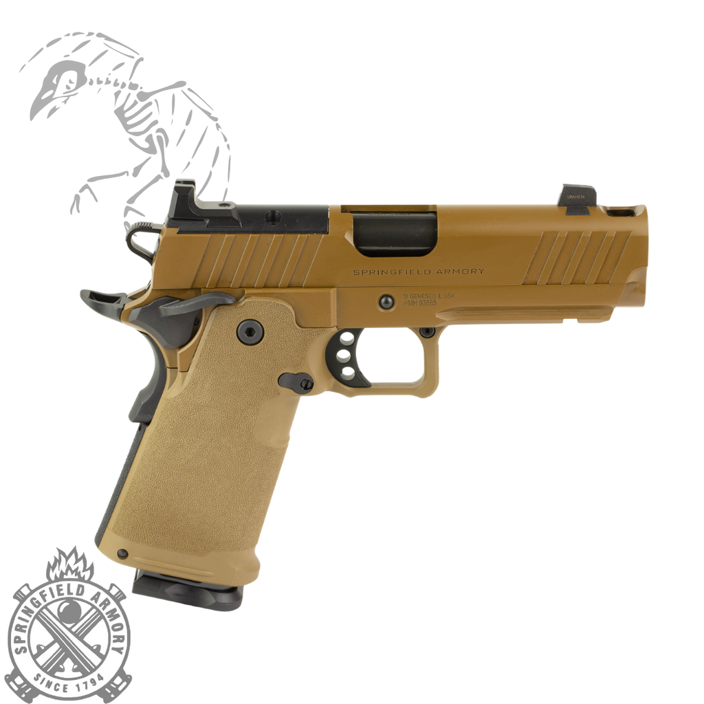 Springfield, 1911 DS Prodigy Comp, Semi-automatic, Metal Frame Pistol, Compact Size, 9MM, 4.25" Forged Stainless Steel Bull Barrel, Forged Carbon Steel Frame, Cerakote Finish, Coyote Brown, Polymer Grips, Tritium Front and Black Serrated Rear Sights, Optics Ready, Ambidextrous Safety, Integral Compensator, 2 Magazines, (1)-20 Round Magazine and (1)-17 Round Magazine, 706397987428	SPPH9117AOSCB-COMP
706397988029	SPPH9117AOSCBLC-COMP
