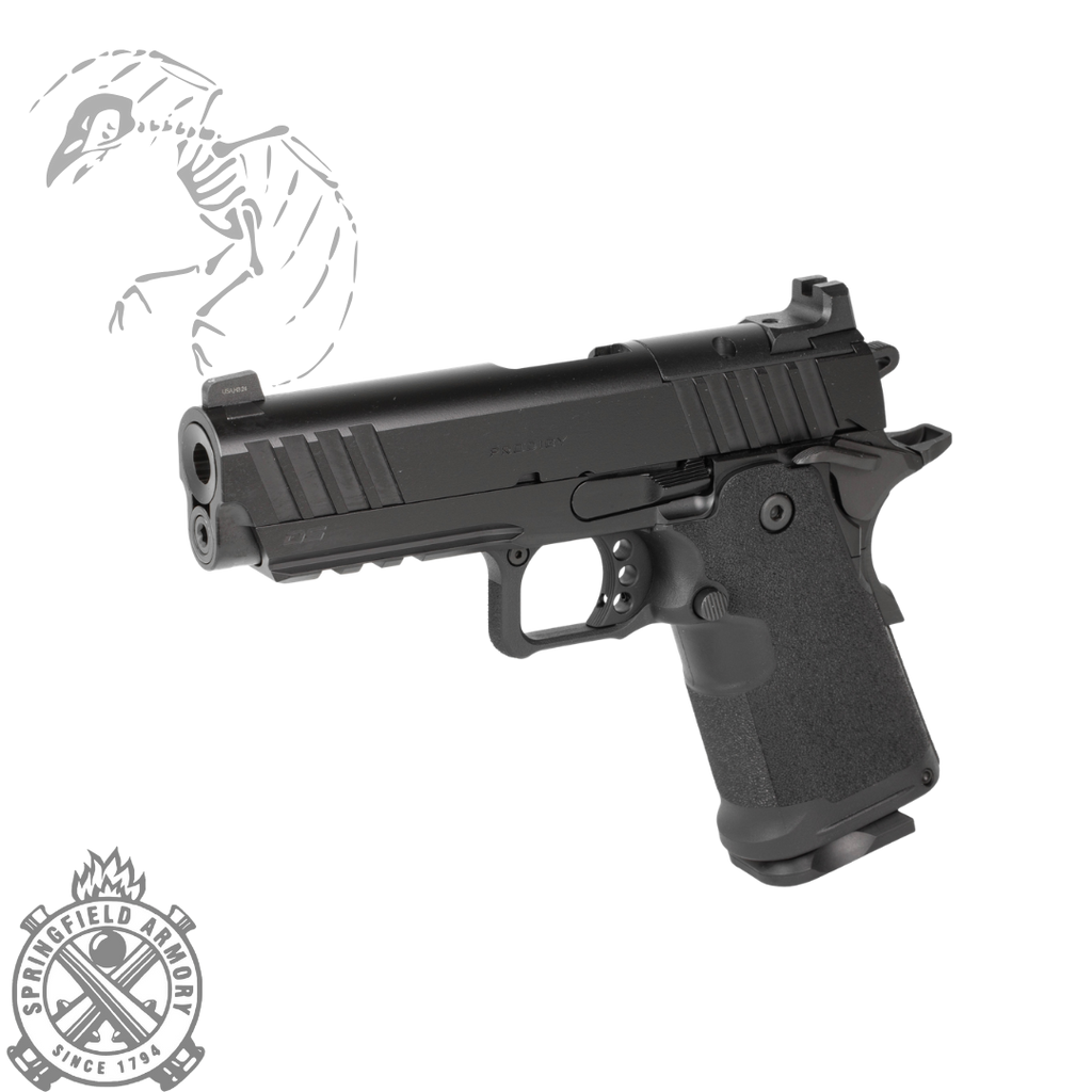Springfield, 1911 DS Prodigy 4.25" AOS Handgun, Semi-Automatic Metal Frame Pistol, 4.25" Forged Stainless Steel Match Grade Barrel, Forged Carbon Steel Frame, Black Cerakote Finish, Polymer Grips, Optics Ready, Fiber Optic Front and Black Serrated Rear Sights, 2 Magazines, (1)-17 Round and (1)-20 Round 706397964467	SPPH9117AOS
706397969073	SPPH9116AOS
706397972677	SPPH9117AOSLC