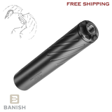 BANISH, Banish 338, Suppressor, .223 to .338 Cal, 9.1" Length, 1.54" Diameter, Titanium Construction, Gun Kote Finish, Black, 5/8X24 Direct Thread Mount, 17.5oz Weight 100000110955
UPC: 810171221704