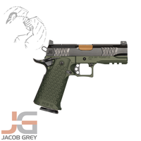 Jacob Grey TWC HEX 4.25” 9mm Double Stack Handgun – Billet Aluminum Frame, Ported Barrel, Rose Gold TiN Bull Barrel, Optics-Ready Slide, HEX Pattern Grip, Flared Magwell, and Suppressor-Height Sights, TWCHEX425-TP-DG-17, Mac, hex, JG, in, stock, free, shipped, deal, coupon, code, comp, dead, crow, defense