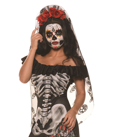 Red Black Day Of The Dead Mantia Red Roses Headband Adult Womens