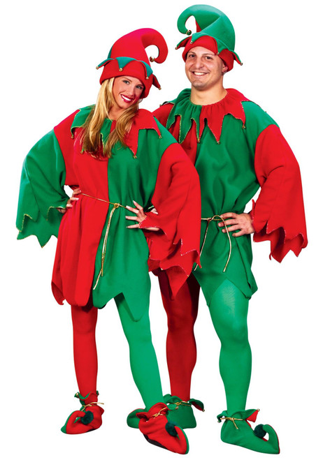 Unisex Holiday Elf Costume Hat Tunic Shoes Red Green Santa Helper Standard Size