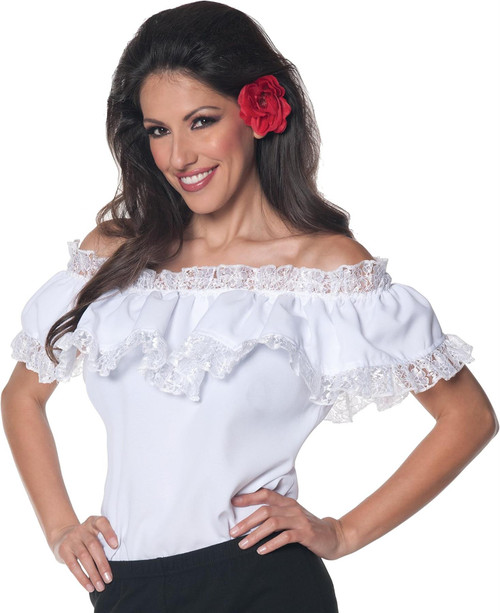 Senorita Blouse Women's Peasant Inspired Blouse Features Off-The-Shoulder with Elastic Lace Trim Small