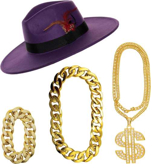 UNDERWRAPSAdult Pimp Accessory KIt - Hat, Dollar Sign Chain, Thick Chain Necklace, Bracelet, 70s 80s 90s Outfits For Men (PURPLE)