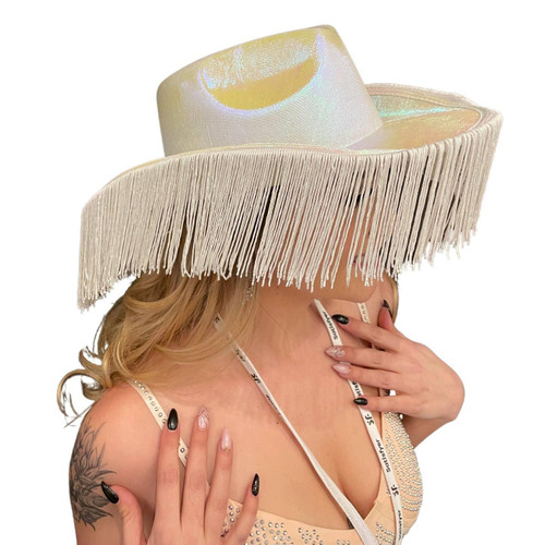 Opal White Metallic Cowboy Hat With Fringes Sparkly Western Cowgirl Festival