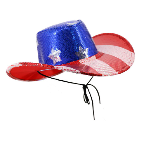 USA Flag Sequins Cowboy Hat Patriotic Western Cowgirl 4th July Party Festival