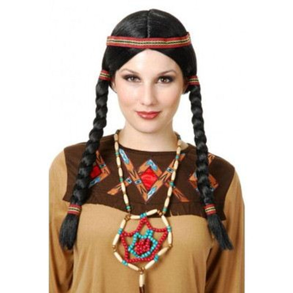 INDIAN MAIDEN WIG pig tails ribbons hair pocahontas womens halloween costume