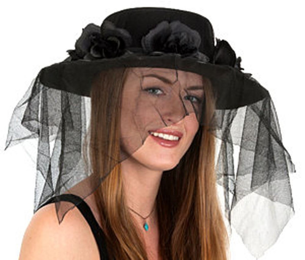 Spanish Ladies Black Hat With Black Flower Band And Veil