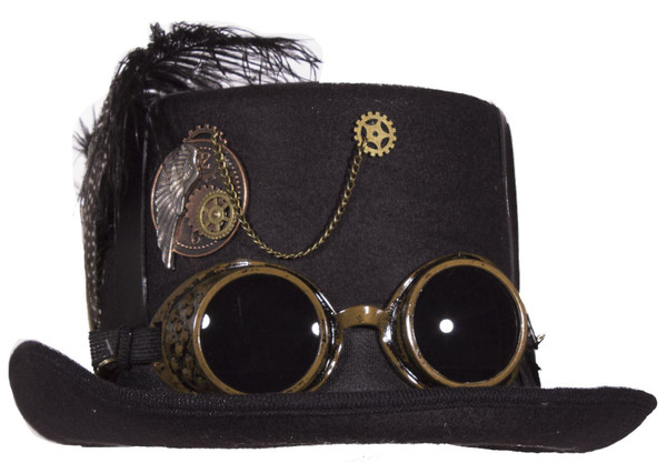 Black Deluxe Felt Steampunk Top Hat With Straps On Crown And Goggles