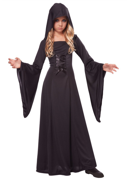Girl's Deluxe Black Hooded Robe Costume Cloak Vampire Witch