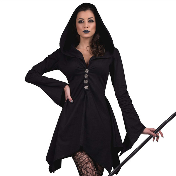 Grim Reaper Womens Black Hooded Dress Halloween Costume