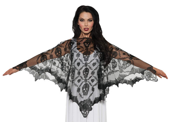 Vampire Lace Poncho Black Gothic Skull Halloween Costume Serape - One Size