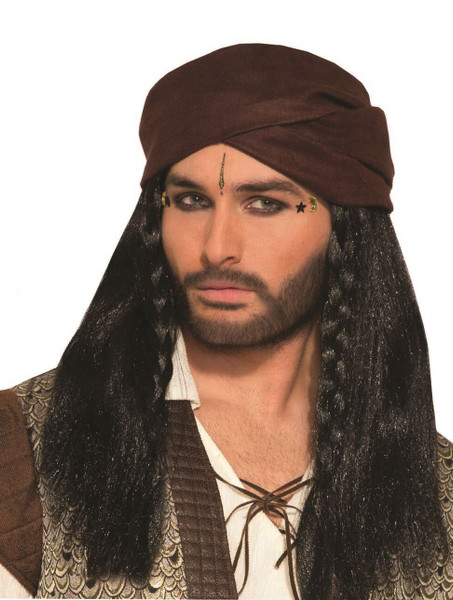 Mens Fortune Teller Wig Scarf Pirate Braided Black Hair Wrap Halloween Cosplay
