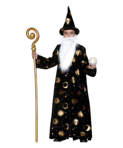 Wizard Robe Hat and Beard  Boys Child Black Celestial Sorcerer Halloween Costume Medium (8-10)