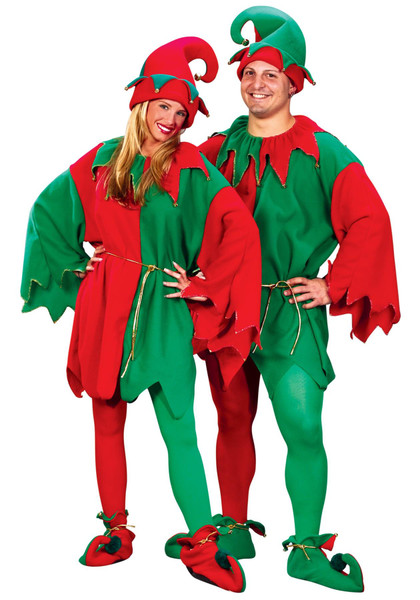 Unisex Holiday Elf Costume Hat Tunic Shoes Red Green Santa Helper Standard Size