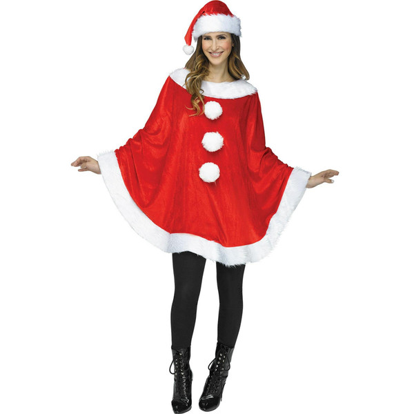 Mrs Santa Claus Womens Adult Christmas Holiday Plush Costume Poncho - Size 4-14