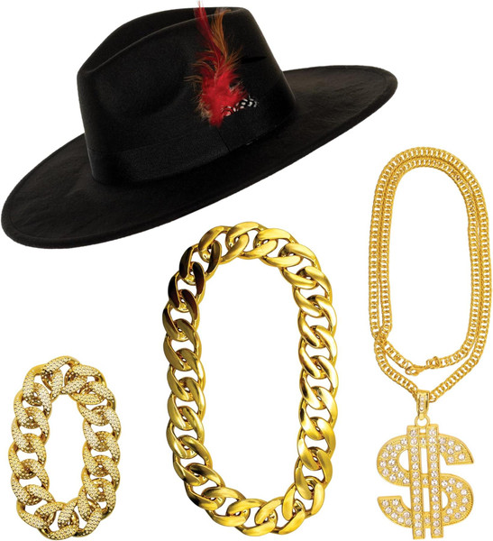 UNDERWRAPSAdult Pimp Accessory KIt - Hat, Dollar Sign Chain, Thick Chain Necklace, Bracelet, 70s 80s 90s Outfits For Men (BLACK)