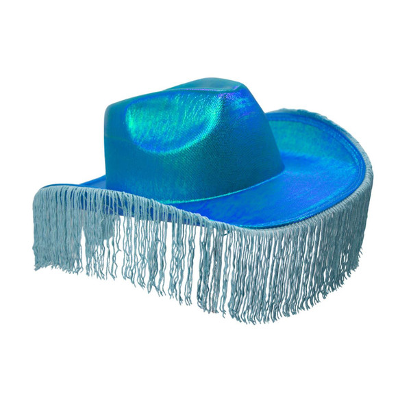 Turquoise Metallic Cowboy Hat With Fringe Sparkly Western Cowgirl Party Fest