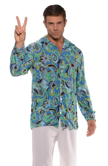 BLUE DISCO SHIRT groovy retro hippie 70s 60s adult mens halloween costume  XL - CostumeVille