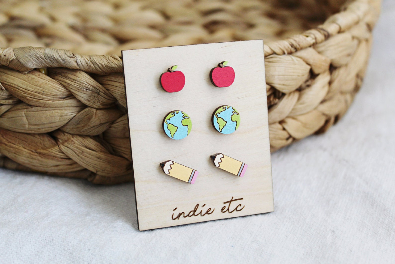 Download Teacher Earring Set Of Wooden Apple Earrings Globe Earrings Pencil Earrings