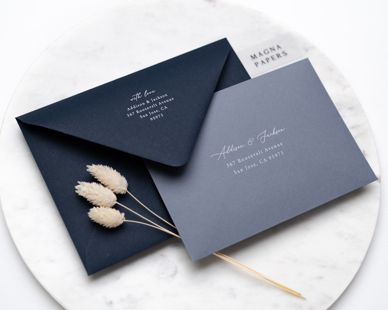 blue printed envelopes