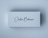 A Powder Blue place card with printed in black ink, showcasing the elegant script font and crisp contrast.