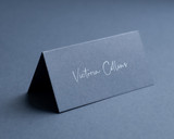 Personalised Airforce Blue place card with white ink printing on luxury 300gsm cardstock