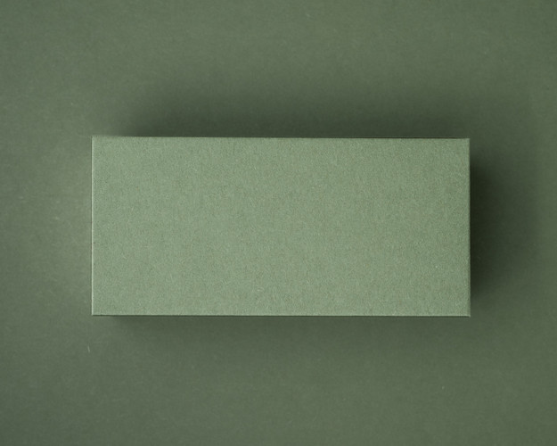 A blank olive green flat place card displayed against a matching olive green background.