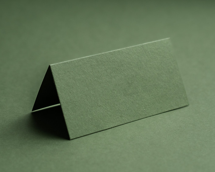 Blank olive green folded place card in premium 270gsm or 350gsm cardstock.