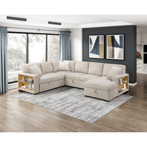 Sectional with Right Chaise, Pull-out Bed, Hidden Storages and Shelves, Charging Ports