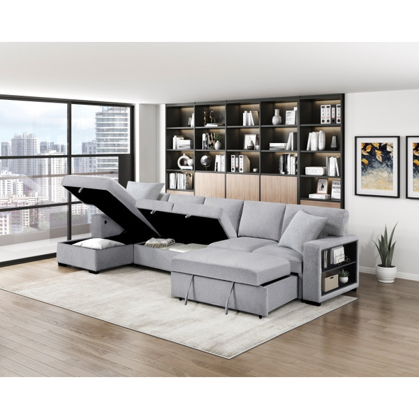Sectional with Left Chaise, Pull-out Bed Hidden Storages and Shelves, Charging Ports