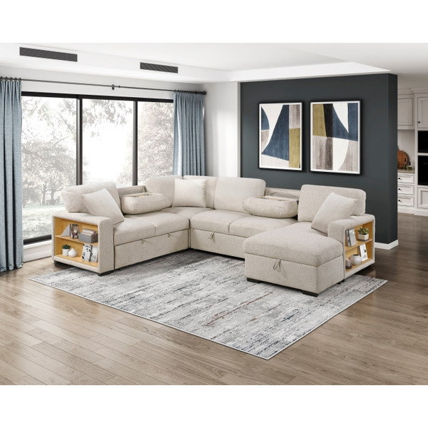 Sectional with Right Chaise, Pull-out Bed, Hidden Storages and Shelves, Charging Ports