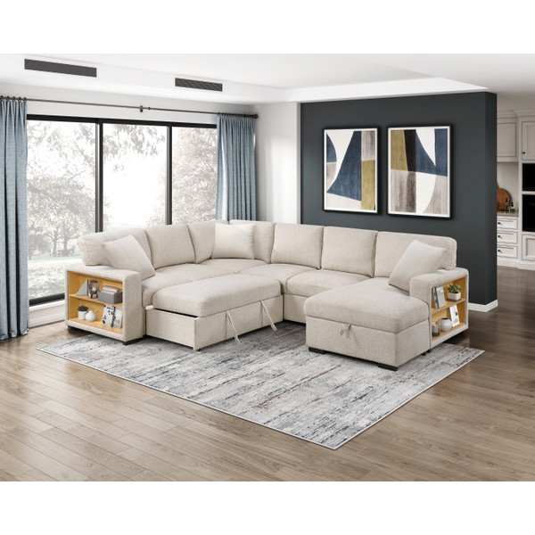 Sectional with Right Chaise, Pull-out Bed, Hidden Storages and Shelves, Charging Ports