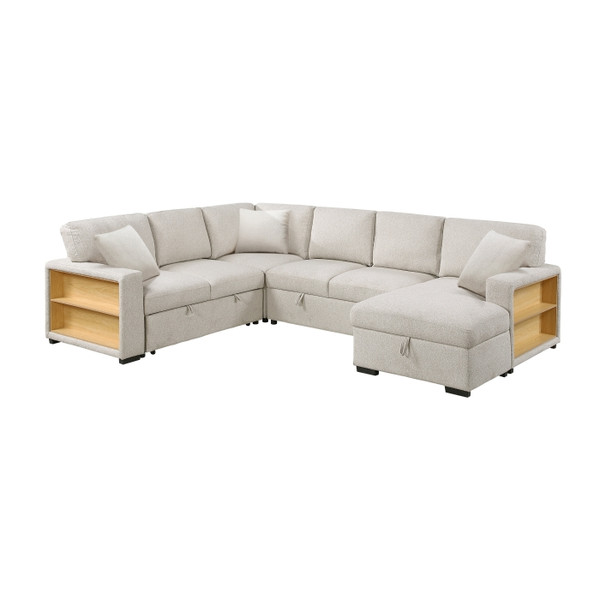 Sectional with Right Chaise, Pull-out Bed, Hidden Storages and Shelves, Charging Ports